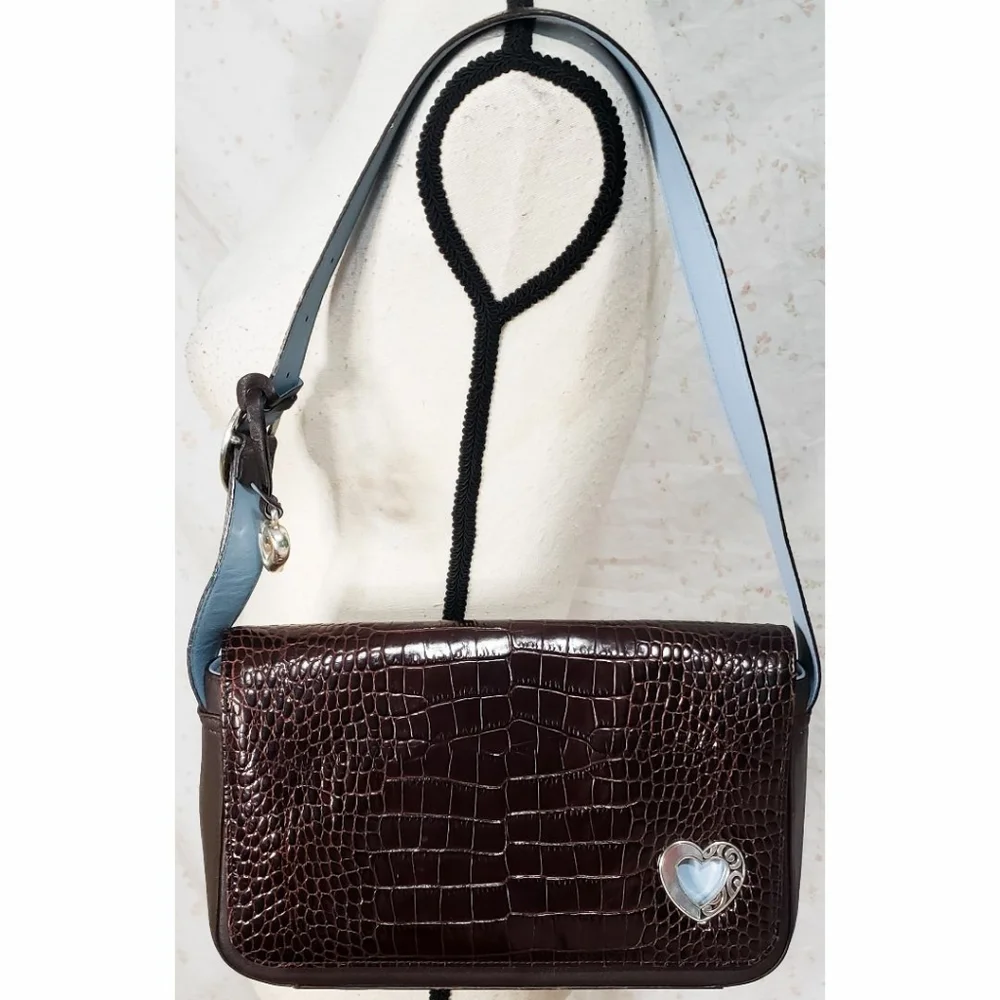 Brighton Brown Leather Crocodile Shoulder Bag Flap Purse Heart Charm Adjustable
